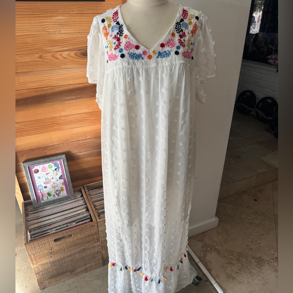 White Embroidered Maxi Dress with Colorful Floral Accents